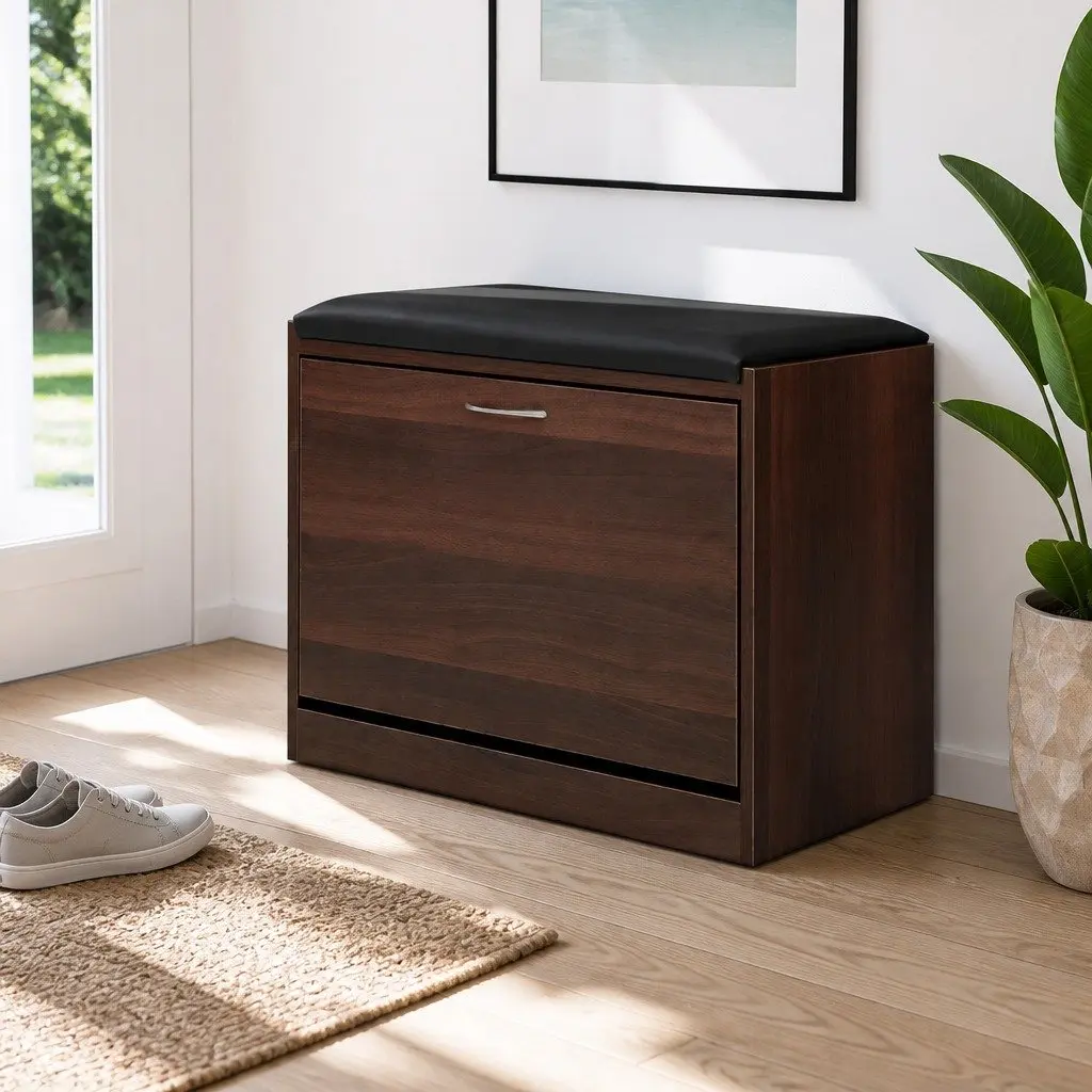 Walnut Shoe Rack Cabinet Bench for 15 Pairs