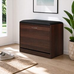 Walnut Shoe Rack Cabinet Bench for 15 Pairs