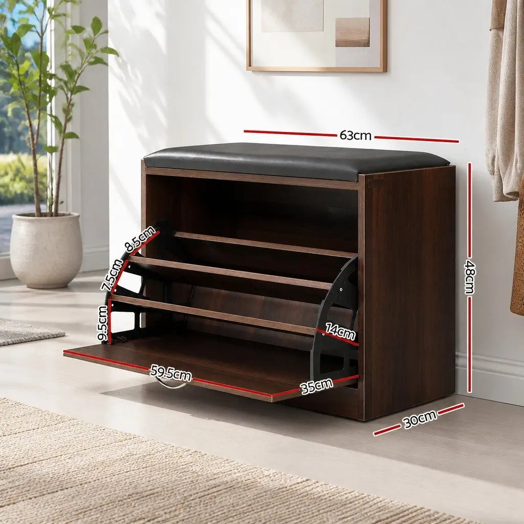 Shoe Rack Cabinet Bench Walnut 15 Pairs Storage Organiser PU Upholstered 63cm x 30cm x 49cm Particle Board