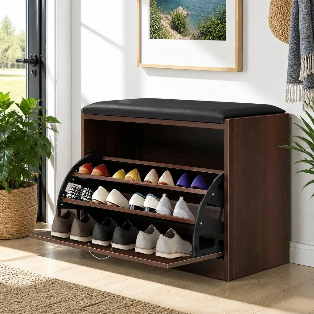Shoe Rack Cabinet Bench Walnut 15 Pairs Storage Organiser PU Upholstered 63cm x 30cm x 49cm Particle Board