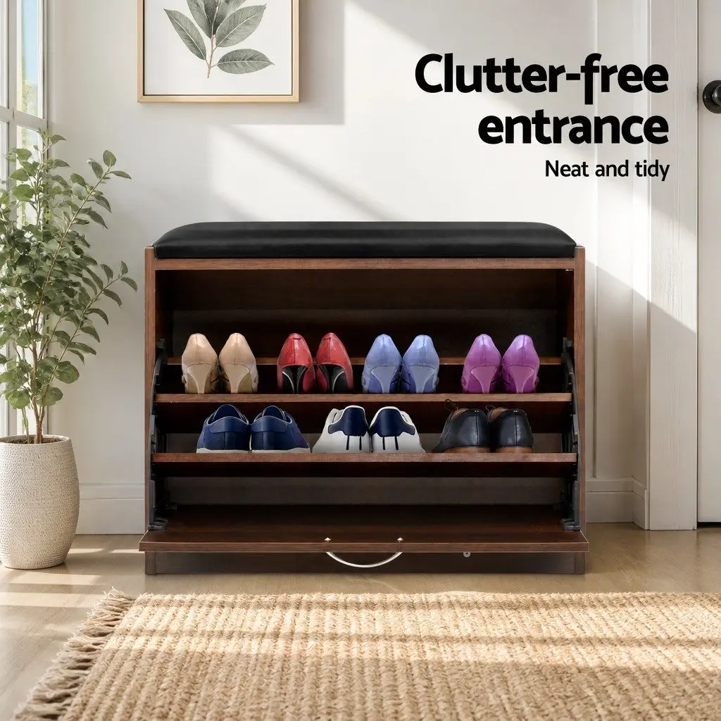 Shoe Rack Cabinet Bench Walnut 15 Pairs Storage Organiser PU Upholstered 63cm x 30cm x 49cm Particle Board
