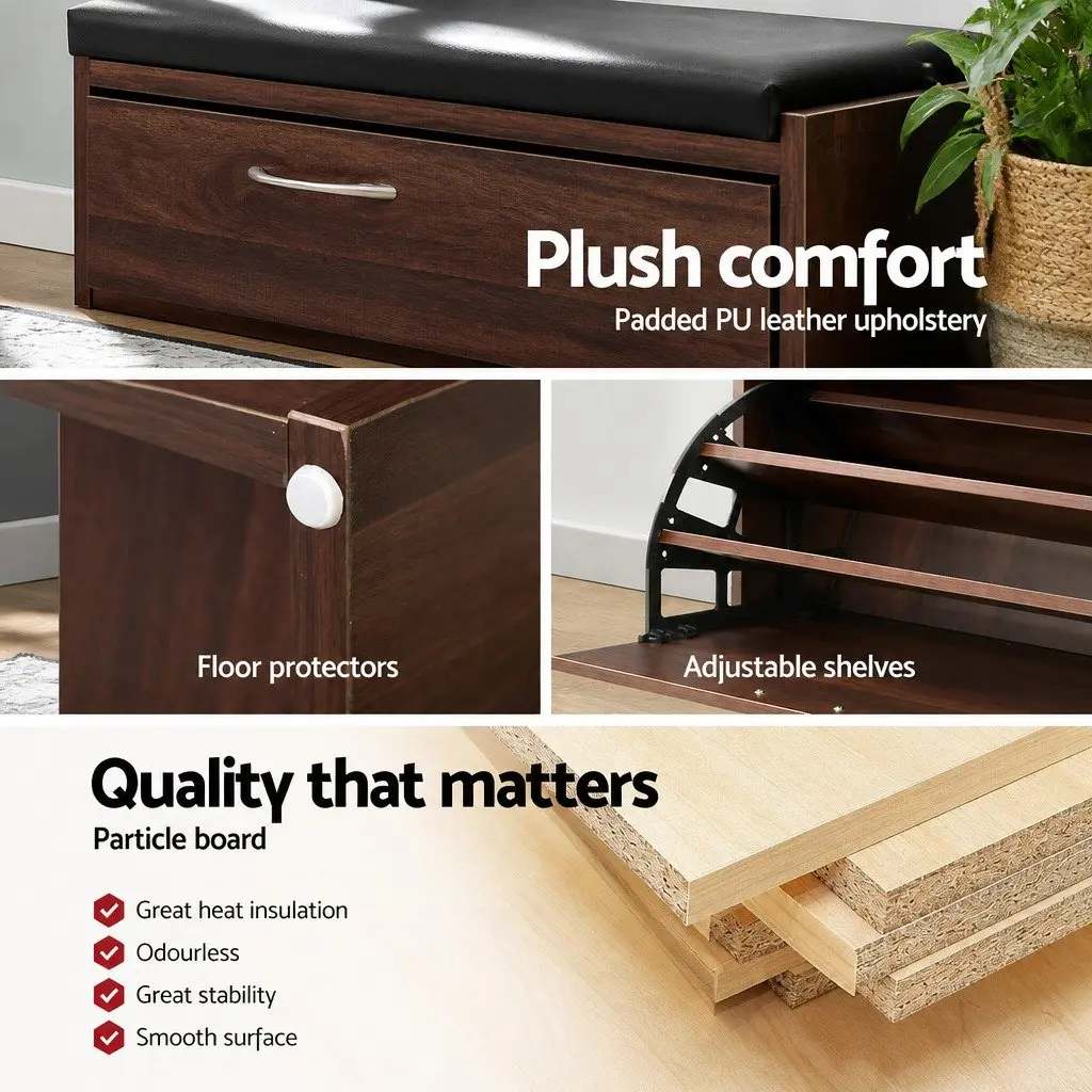 Shoe Rack Cabinet Bench Walnut 15 Pairs Storage Organiser PU Upholstered 63cm x 30cm x 49cm Particle Board