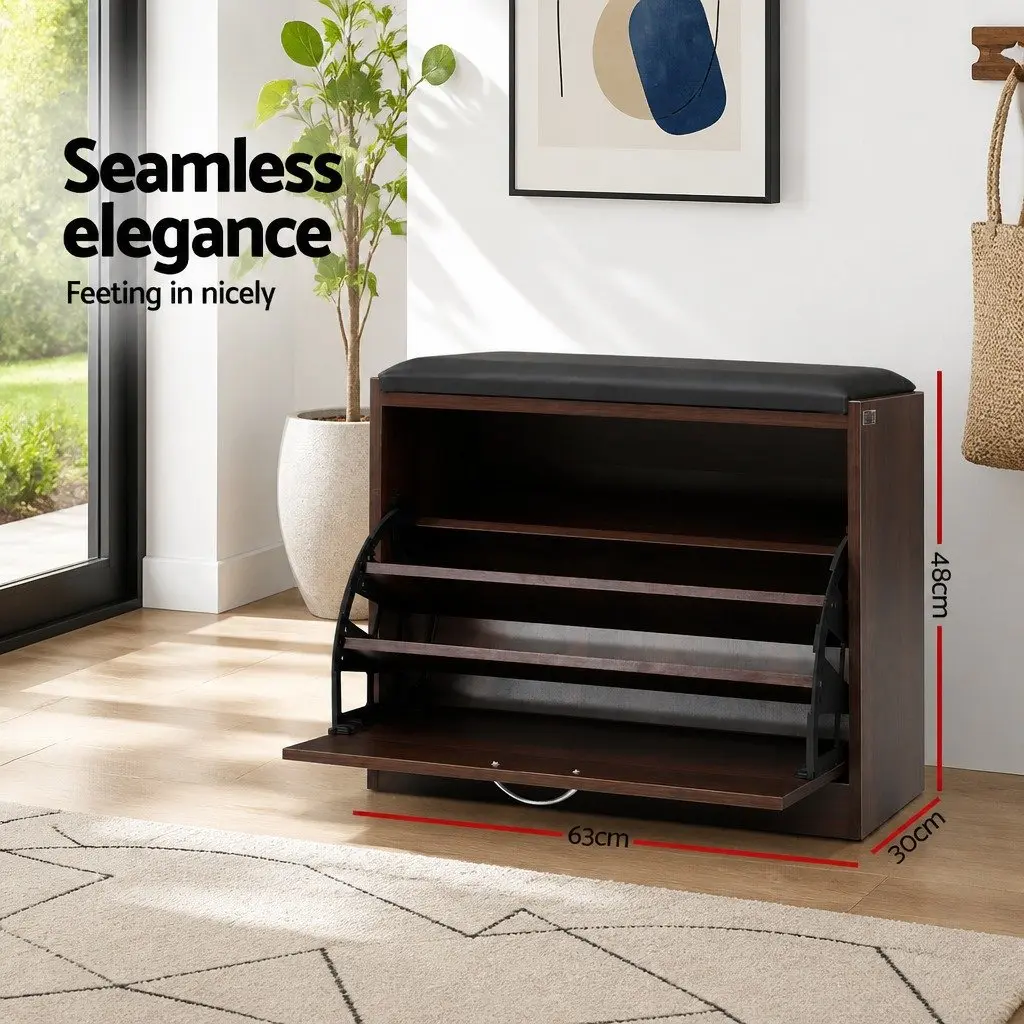 Shoe Rack Cabinet Bench Walnut 15 Pairs Storage Organiser PU Upholstered 63cm x 30cm x 49cm Particle Board