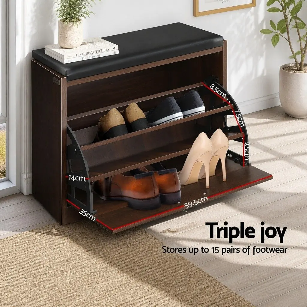 Shoe Rack Cabinet Bench Walnut 15 Pairs Storage Organiser PU Upholstered 63cm x 30cm x 49cm Particle Board