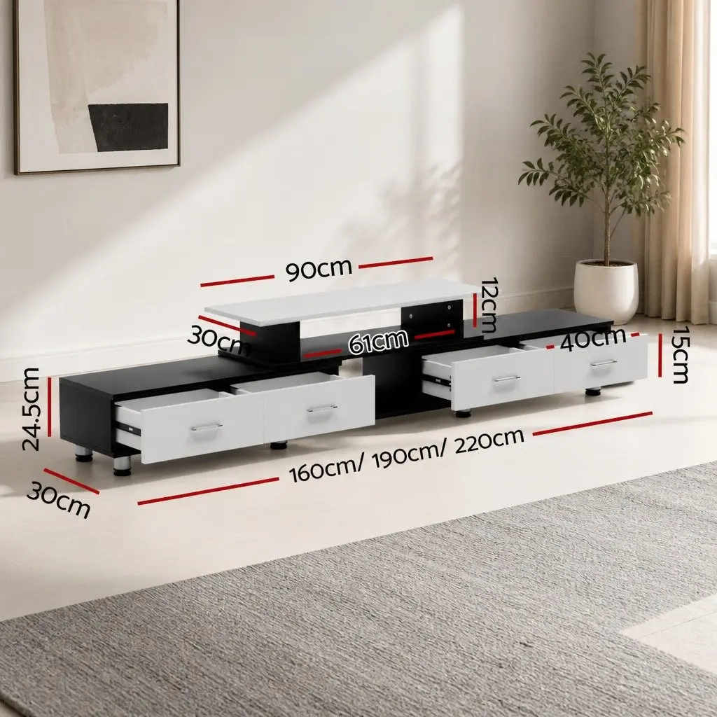 TV Cabinet Entertainment Unit Expandable 160cm to 222cm Open Shelves Drawers Particle Board Black White