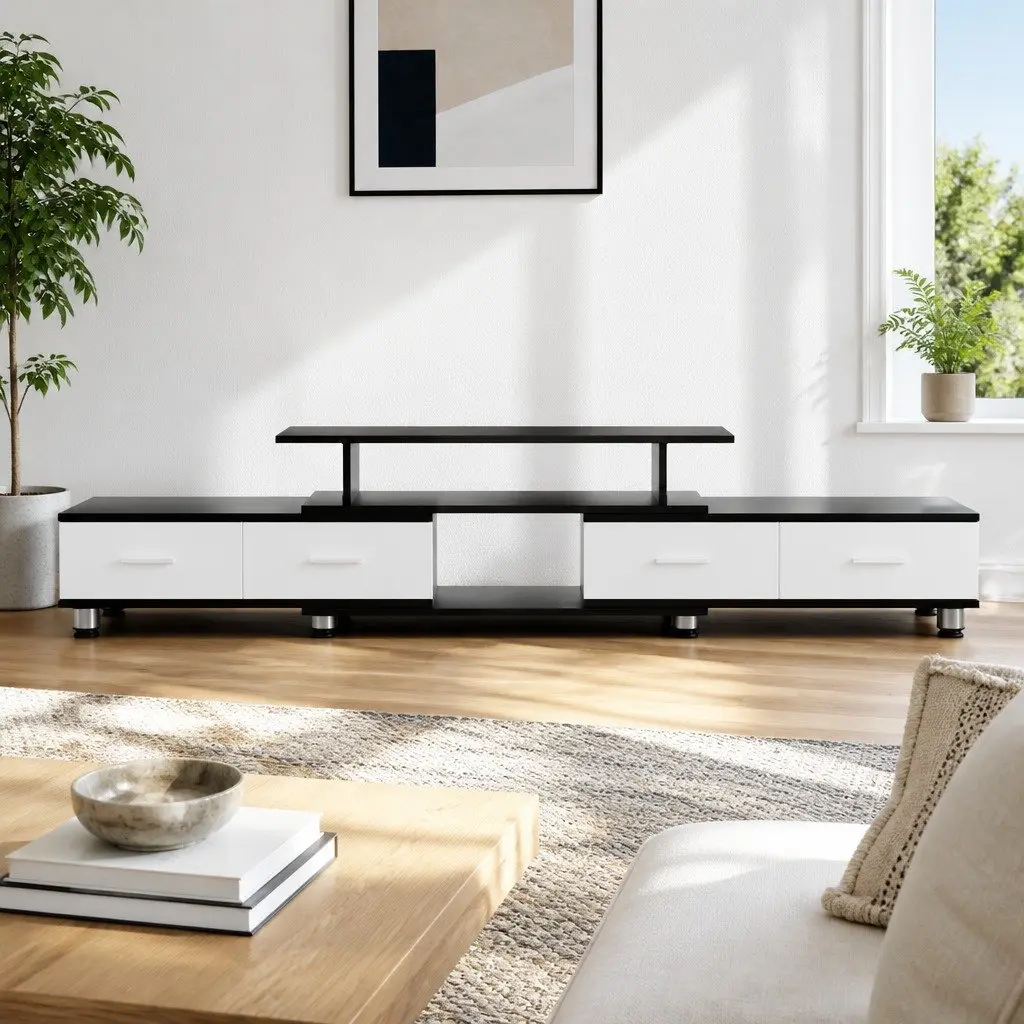 TV Cabinet Entertainment Unit Expandable 160cm to 222cm Open Shelves Drawers Particle Board Black White