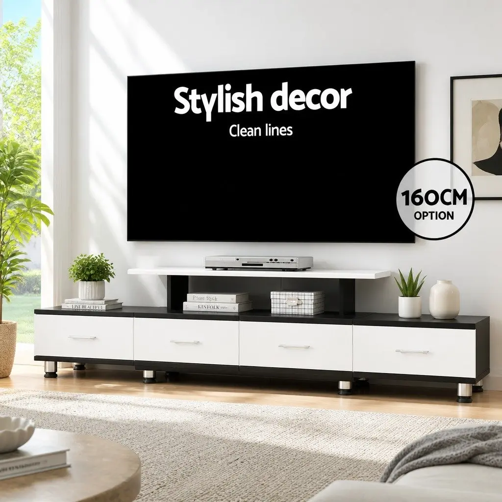TV Cabinet Entertainment Unit Expandable 160cm to 222cm Open Shelves Drawers Particle Board Black White