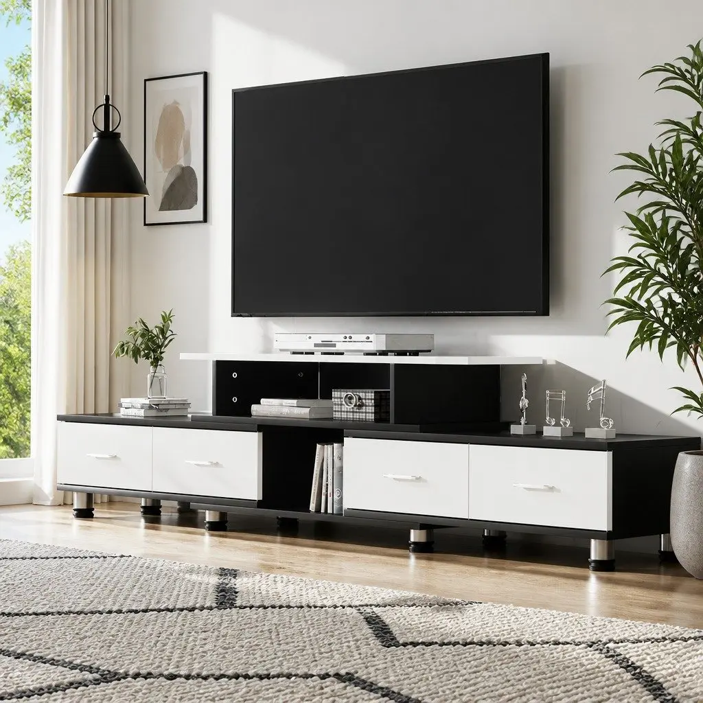 TV Cabinet Entertainment Unit Expandable 160cm to 222cm Open Shelves Drawers Particle Board Black White
