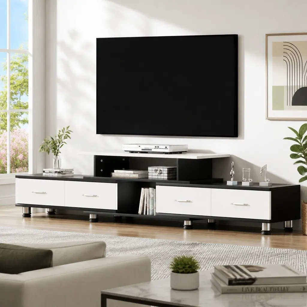 TV Cabinet Entertainment Unit Expandable 160cm to 222cm Open Shelves Drawers Particle Board Black White