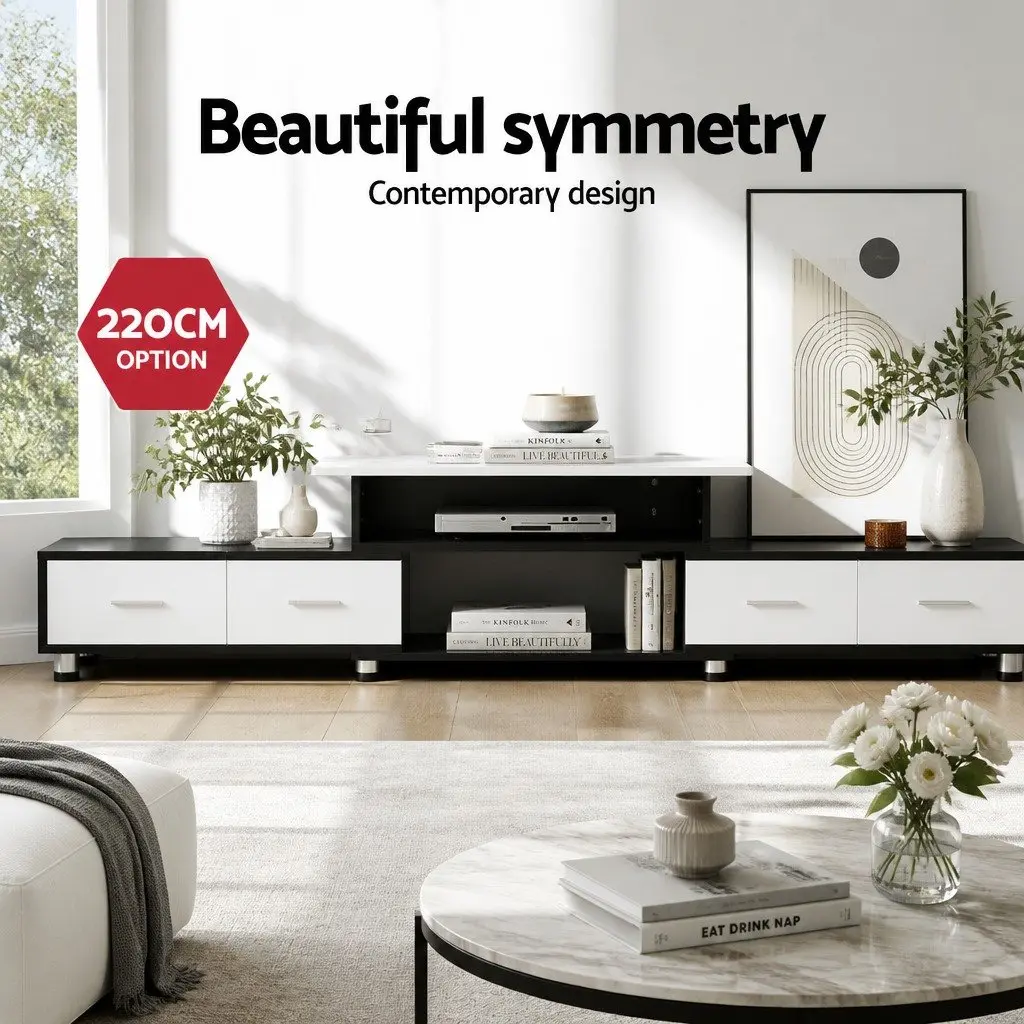 TV Cabinet Entertainment Unit Expandable 160cm to 222cm Open Shelves Drawers Particle Board Black White