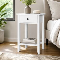 Compact White Bedside Table with Drawer and Shelf