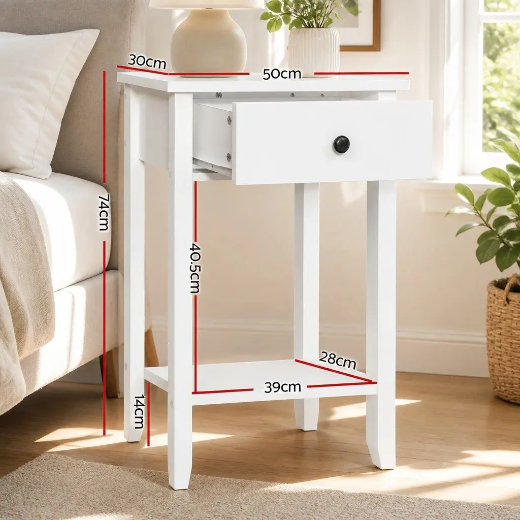 Bedside Table White Compact 1 Drawer with Shelf E1 MDF