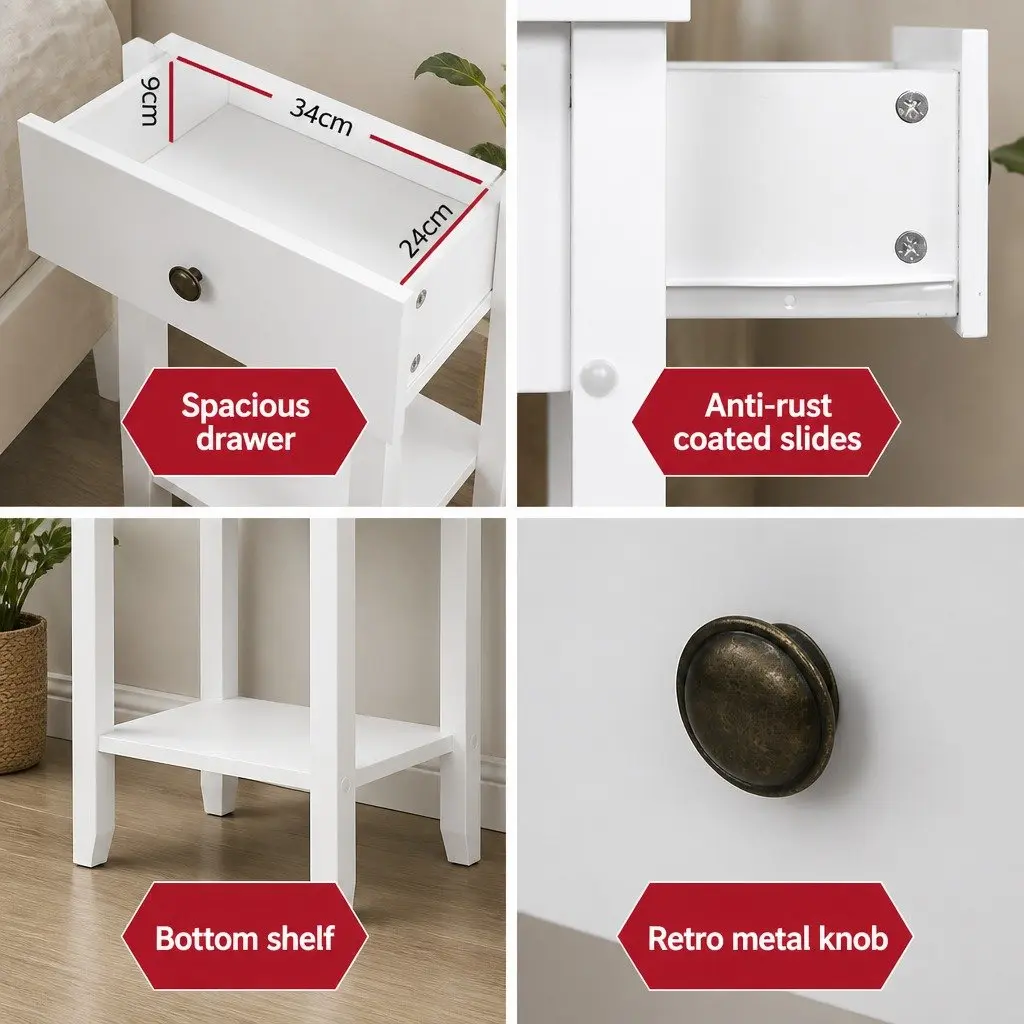 Bedside Table White Compact 1 Drawer with Shelf E1 MDF
