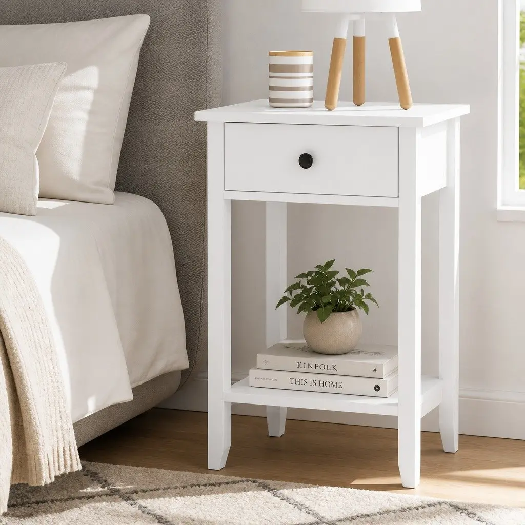 Bedside Table White Compact 1 Drawer with Shelf E1 MDF