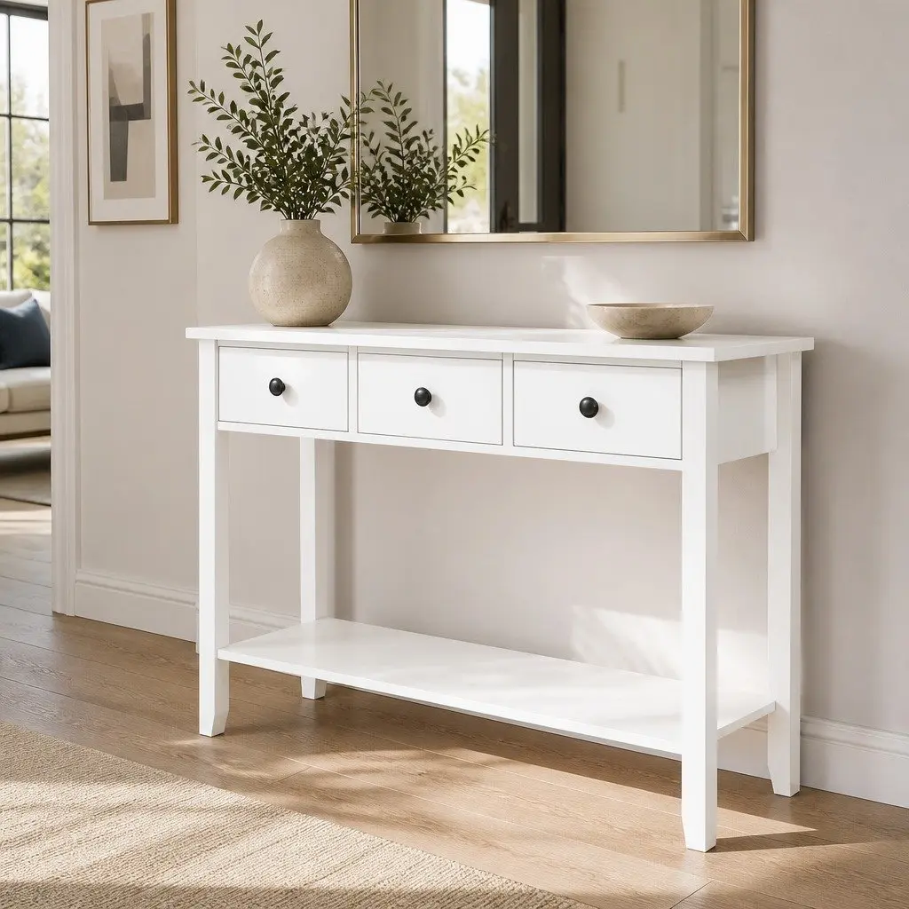 Console Table White 100CM E1 MDF 3 Drawers Storage Furniture