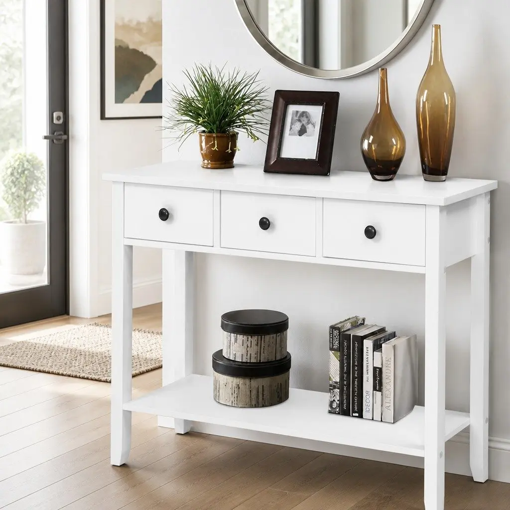 Console Table White 100CM E1 MDF 3 Drawers Storage Furniture