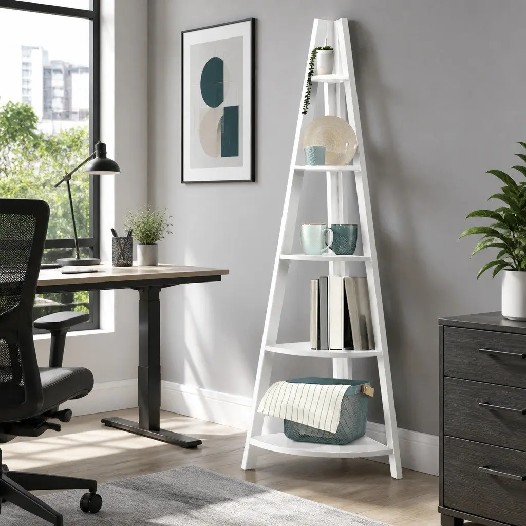 Corner Ladder Shelf 5 Tier White Bookcase Storage Display Stand E1 MDF