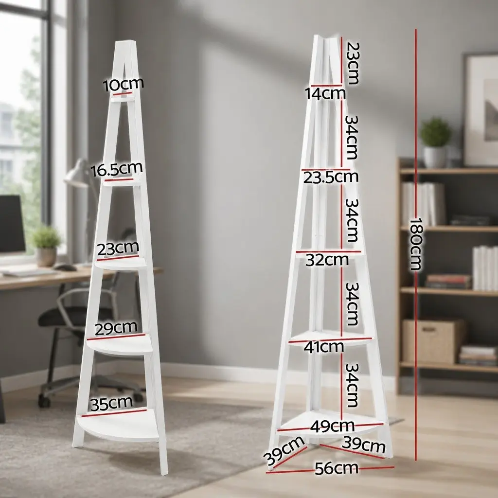 Corner Ladder Shelf 5 Tier White Bookcase Storage Display Stand E1 MDF