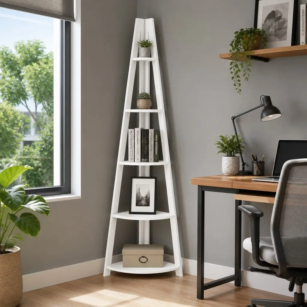 Corner Ladder Shelf 5 Tier White Bookcase Storage Display Stand E1 MDF