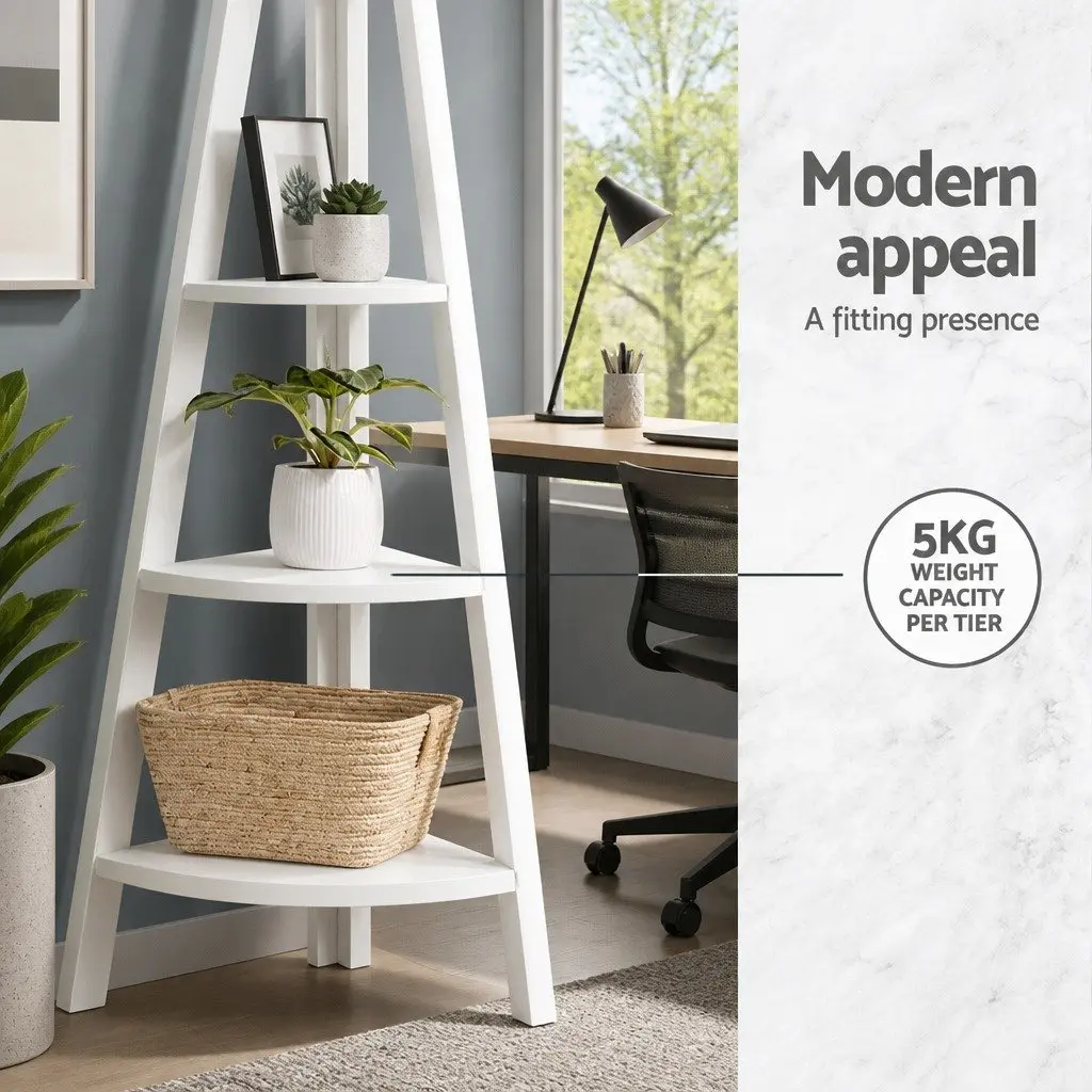 Corner Ladder Shelf 5 Tier White Bookcase Storage Display Stand E1 MDF