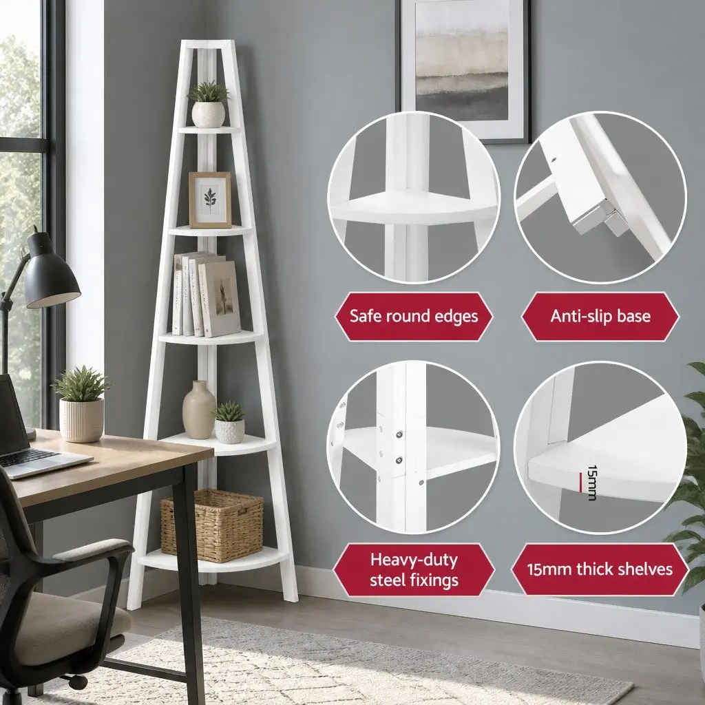 Corner Ladder Shelf 5 Tier White Bookcase Storage Display Stand E1 MDF