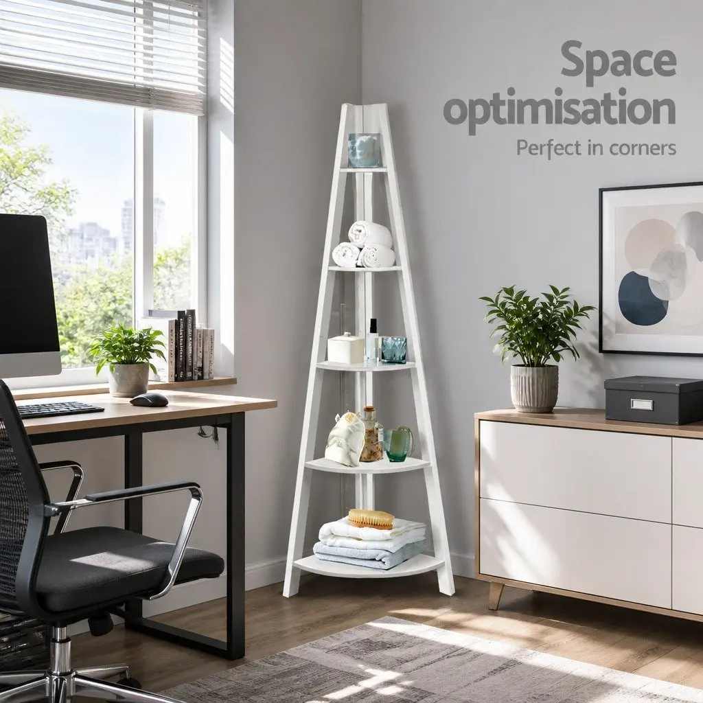 Corner Ladder Shelf 5 Tier White Bookcase Storage Display Stand E1 MDF