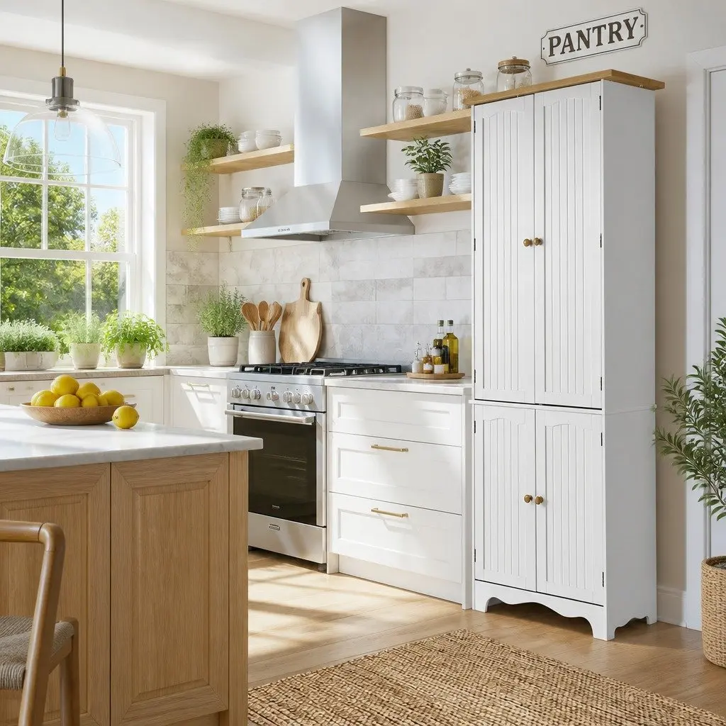 Buffet Sideboard Pantry Cabinet White 6-Tiers Storage Shelves E1 MDF Board