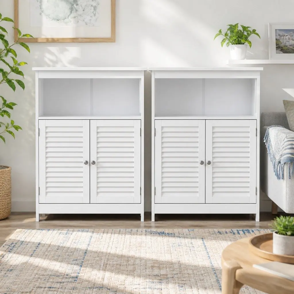 Buffet Sideboard Cabinet Louvred Doors Kitchen Storage White Set of 2