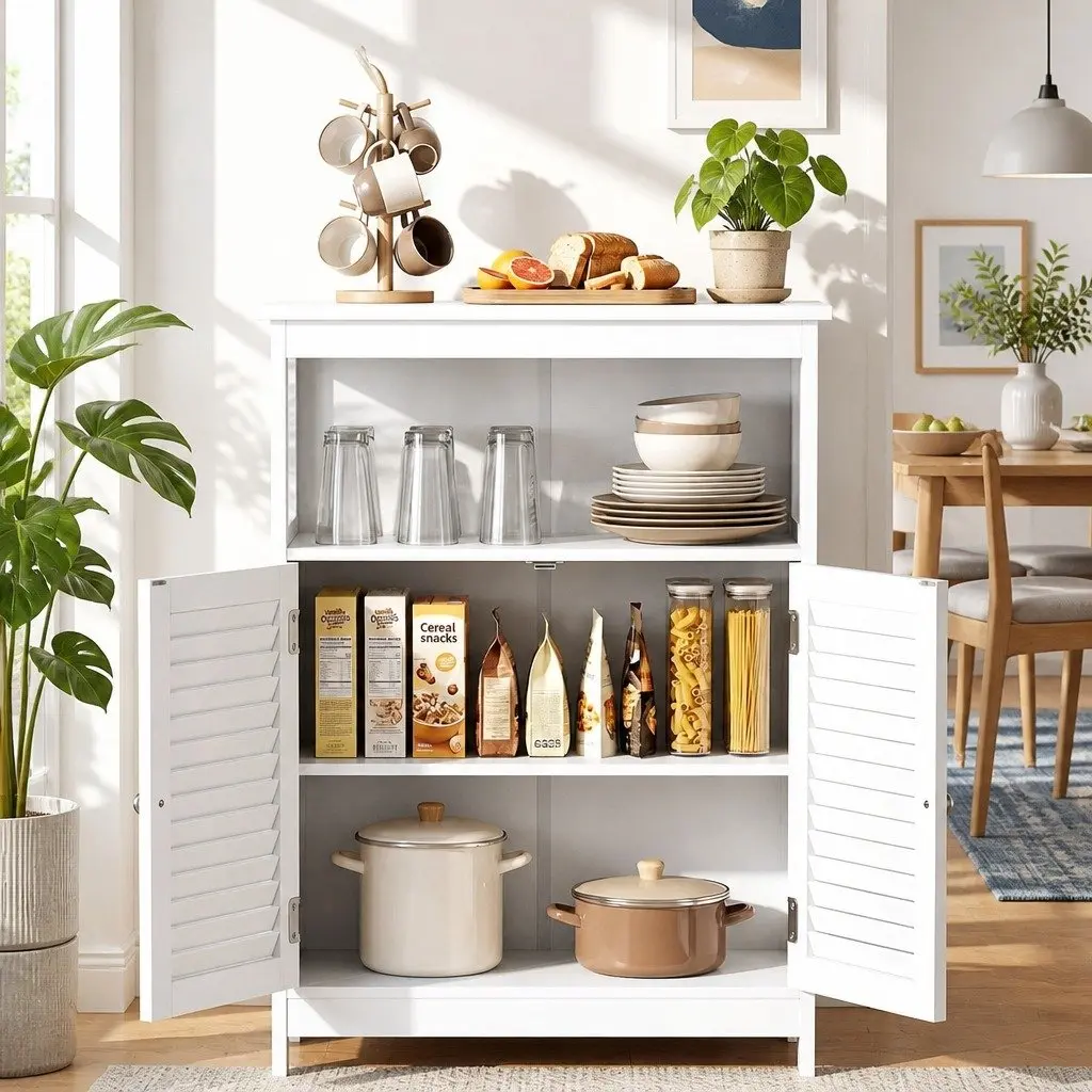 Buffet Sideboard Cabinet Louvred Doors Kitchen Storage White Set of 2