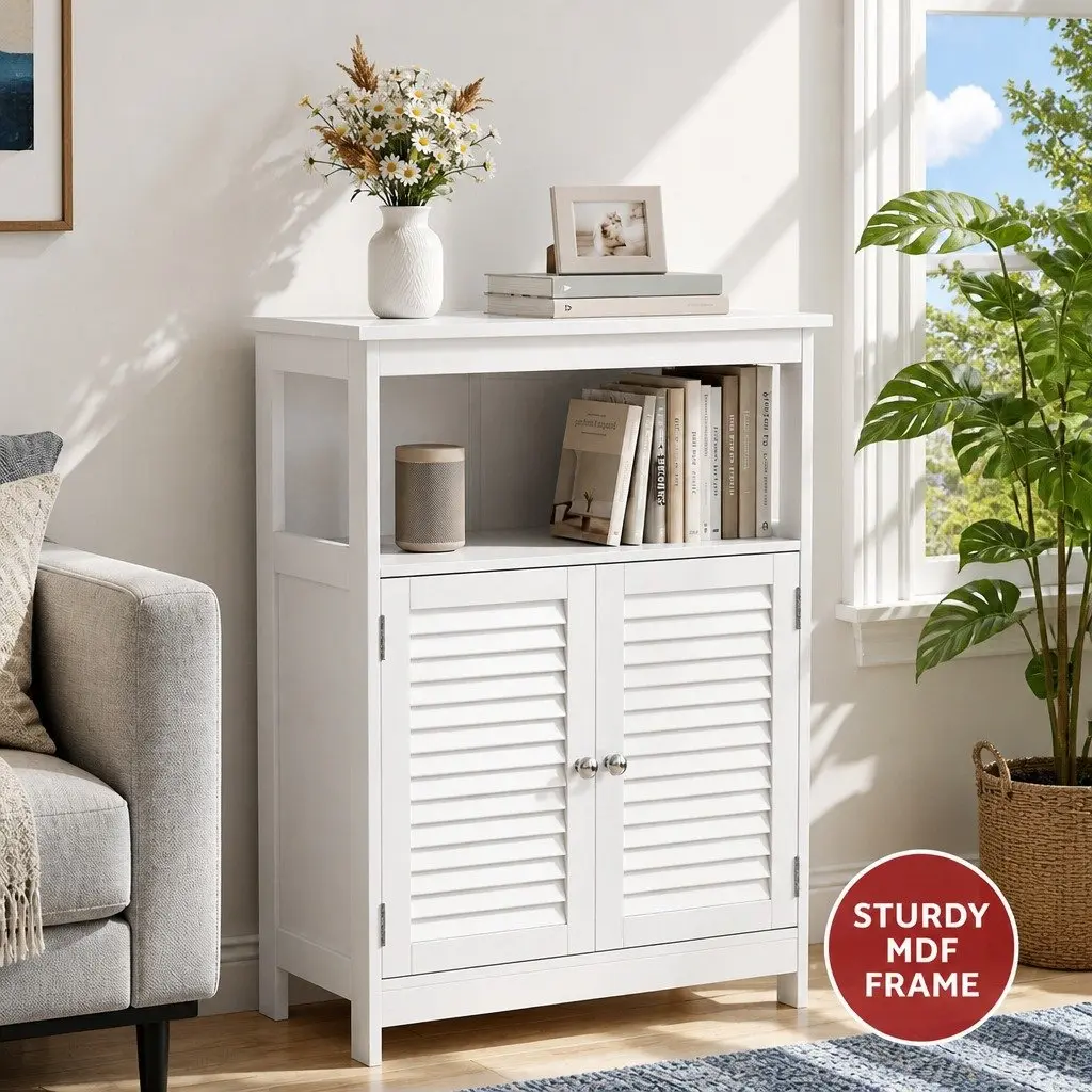 Buffet Sideboard Cabinet Louvred Doors Kitchen Storage White Set of 2