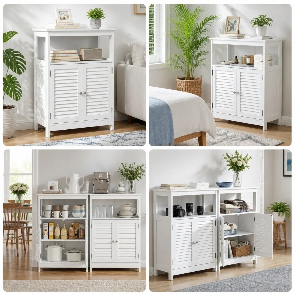 Buffet Sideboard Cabinet Louvred Doors Kitchen Storage White Set of 2