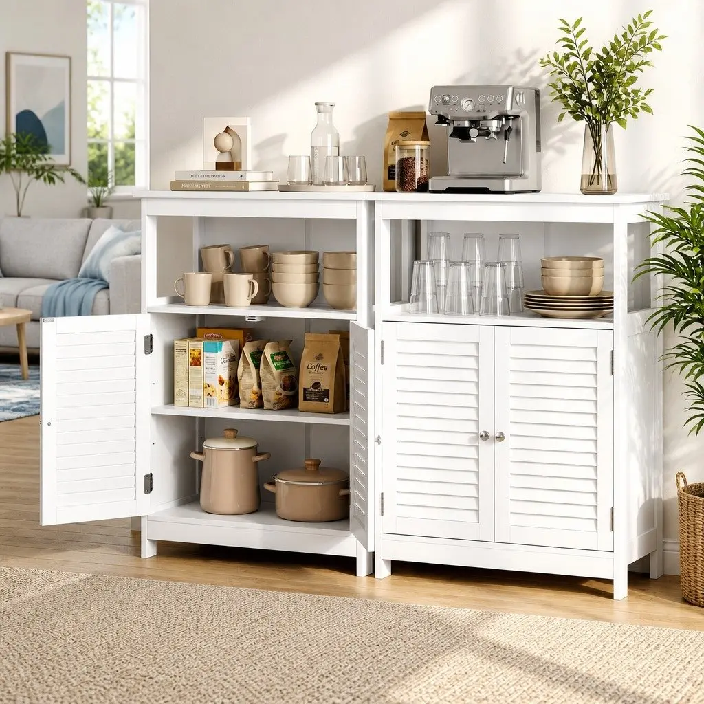 Buffet Sideboard Cabinet Louvred Doors Kitchen Storage White Set of 2