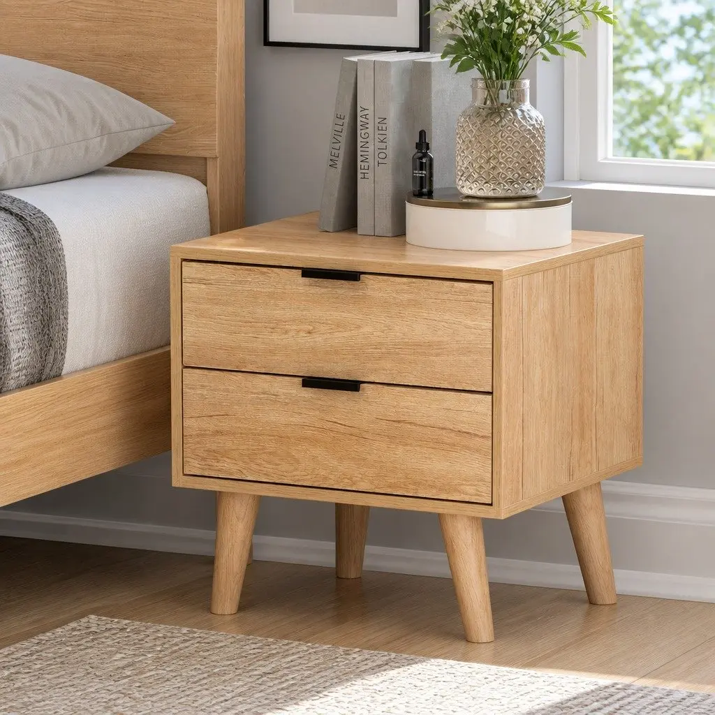 Bedside Table Scandinavian Style 50cm x 40cm x 50cm Particle Board Pine Wood Legs 2 Drawers Storage Nightstand