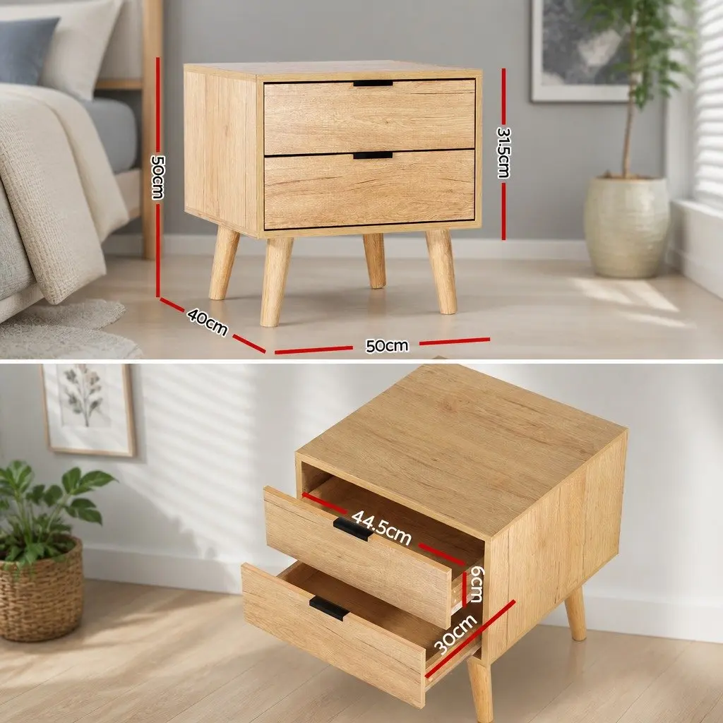 Bedside Table Scandinavian Style 50cm x 40cm x 50cm Particle Board Pine Wood Legs 2 Drawers Storage Nightstand
