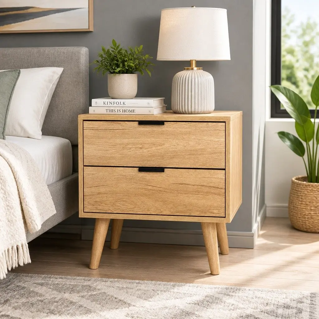 Bedside Table Scandinavian Style 50cm x 40cm x 50cm Particle Board Pine Wood Legs 2 Drawers Storage Nightstand