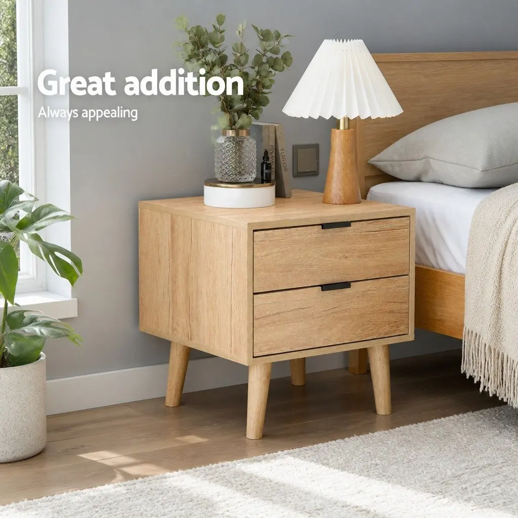 Bedside Table Scandinavian Style 50cm x 40cm x 50cm Particle Board Pine Wood Legs 2 Drawers Storage Nightstand