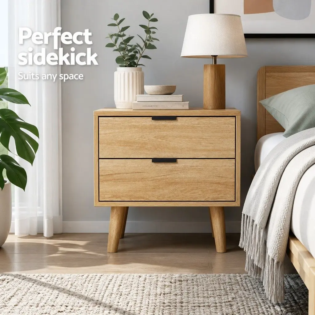 Bedside Table Scandinavian Style 50cm x 40cm x 50cm Particle Board Pine Wood Legs 2 Drawers Storage Nightstand