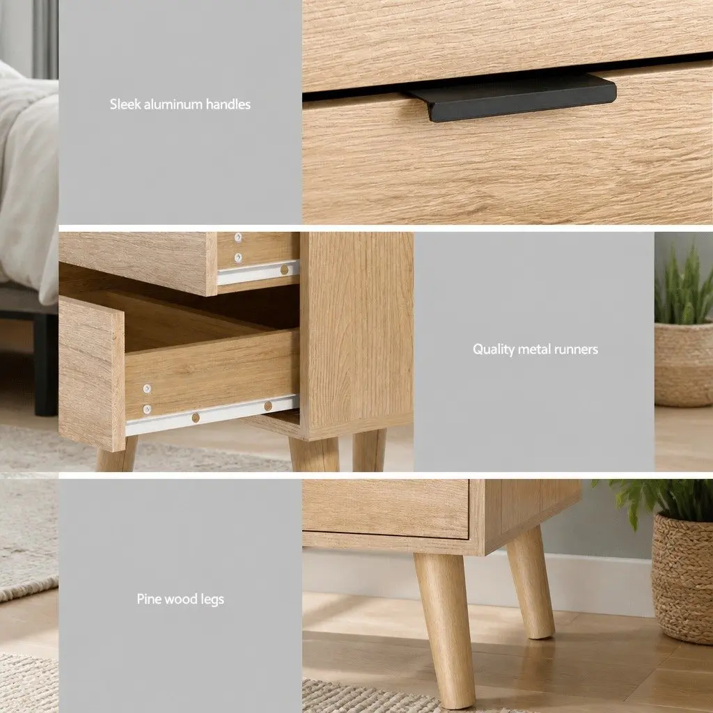 Bedside Table Scandinavian Style 50cm x 40cm x 50cm Particle Board Pine Wood Legs 2 Drawers Storage Nightstand