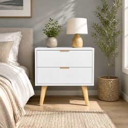 Warm White Bedside Table with 2 Drawers for Storage