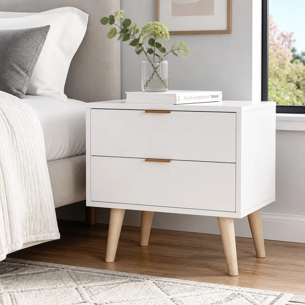 Bedside Table White 2 Drawers Pine Wood Legs Aluminium Handles