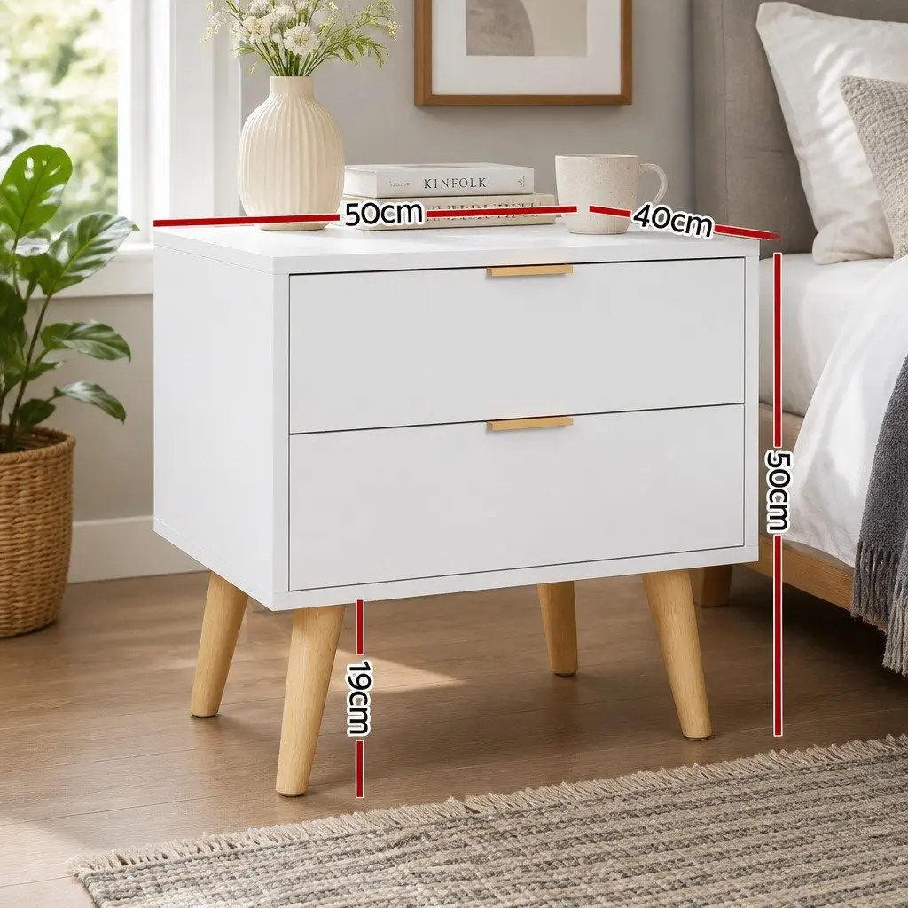 Bedside Table White 2 Drawers Pine Wood Legs Aluminium Handles