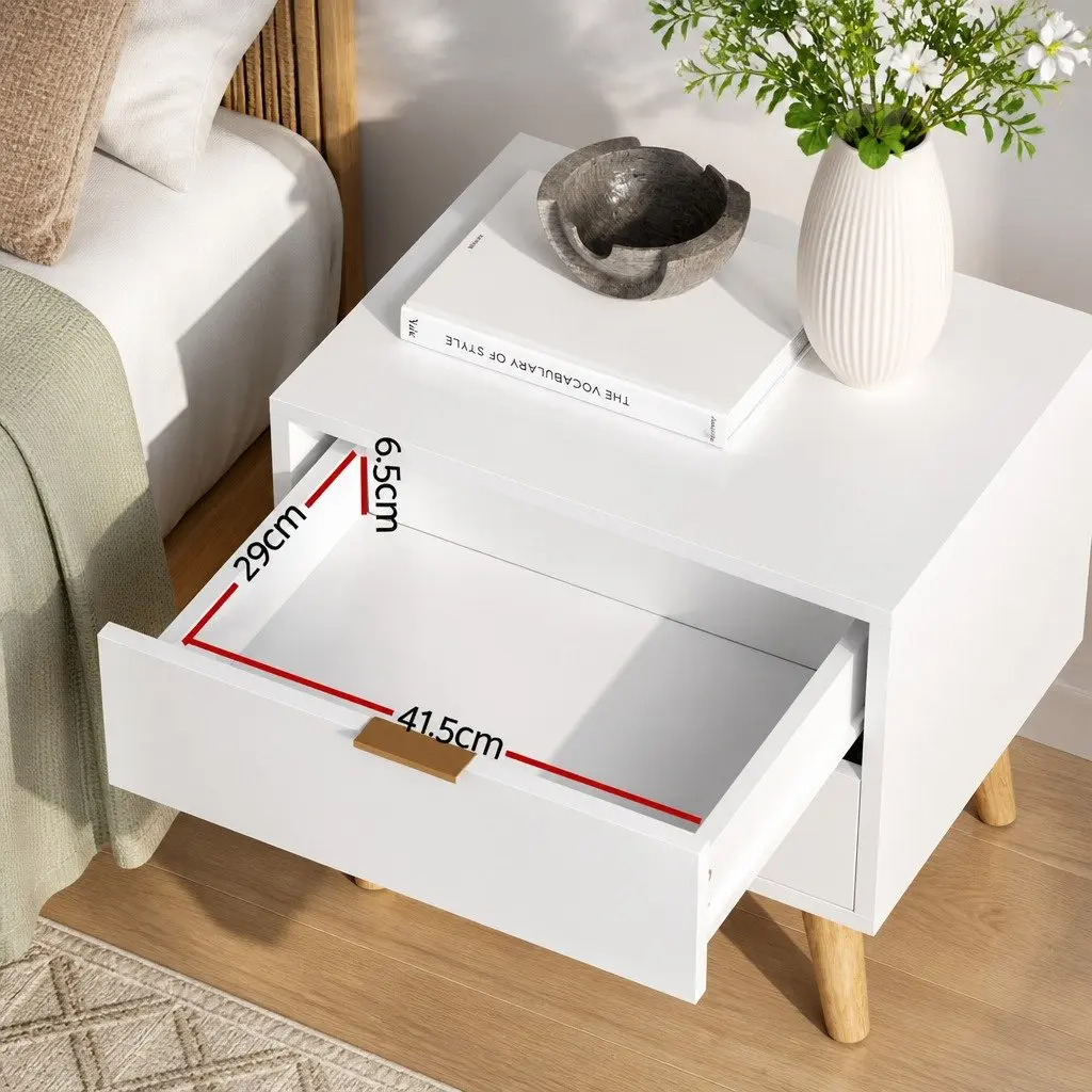 Bedside Table White 2 Drawers Pine Wood Legs Aluminium Handles