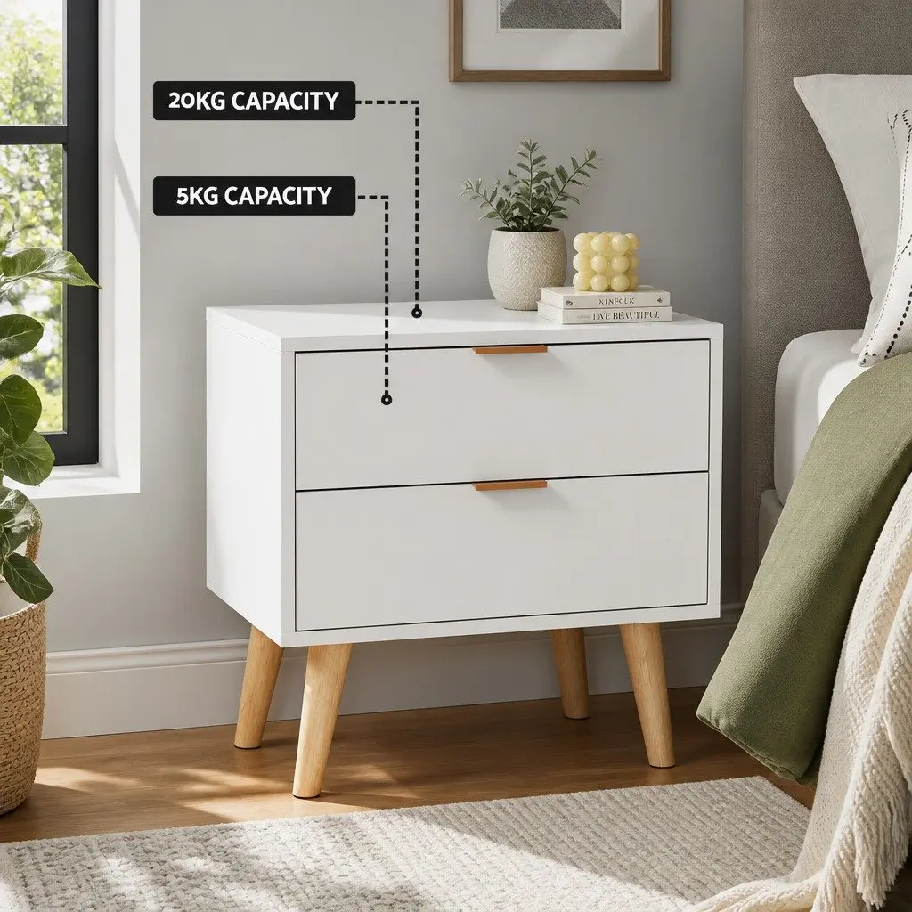 Bedside Table White 2 Drawers Pine Wood Legs Aluminium Handles