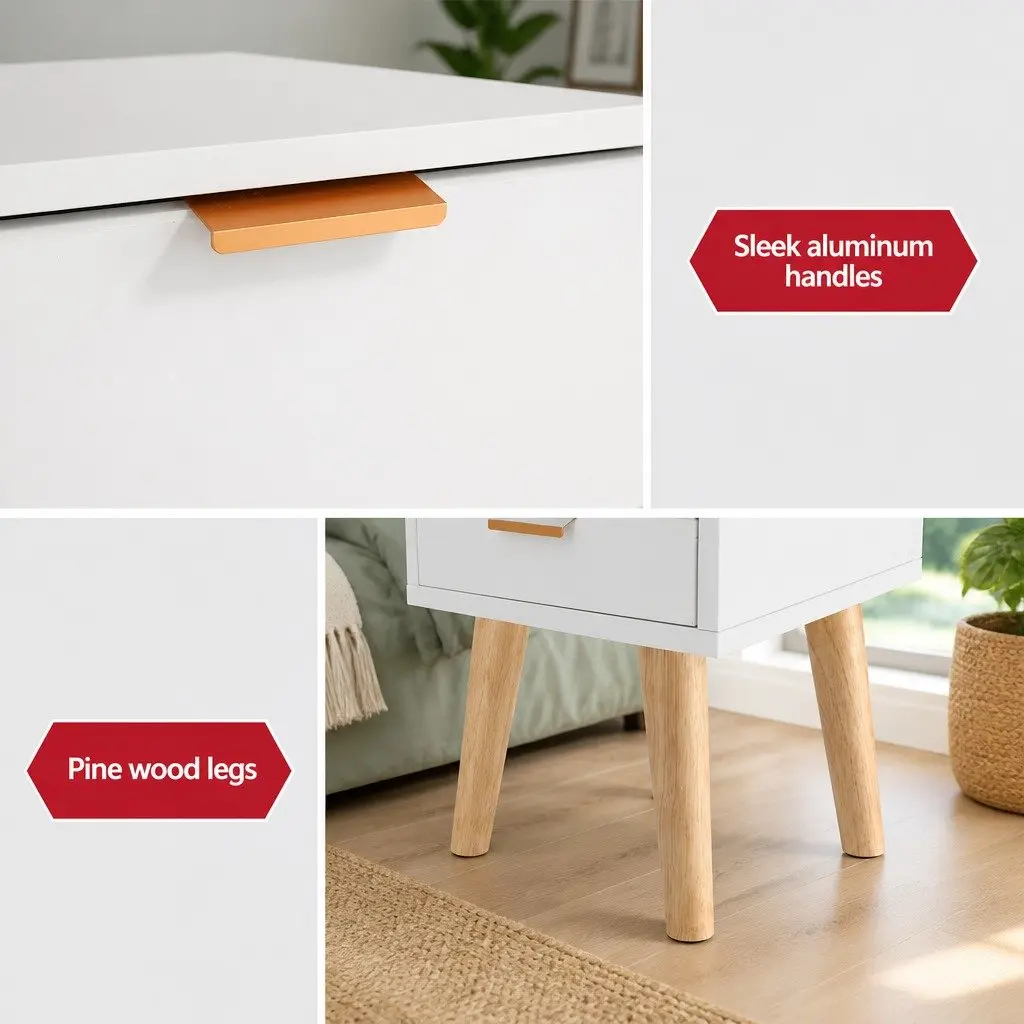 Bedside Table White 2 Drawers Pine Wood Legs Aluminium Handles