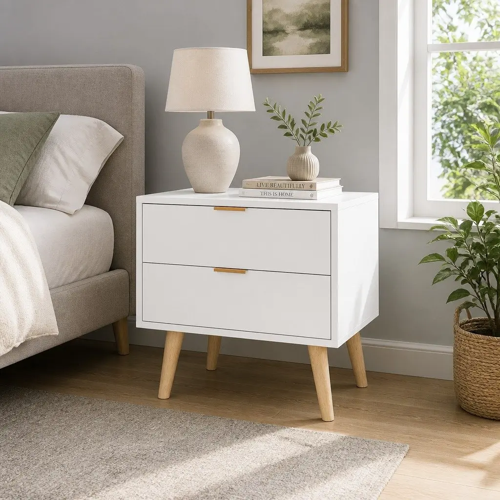 Bedside Table White 2 Drawers Pine Wood Legs Aluminium Handles