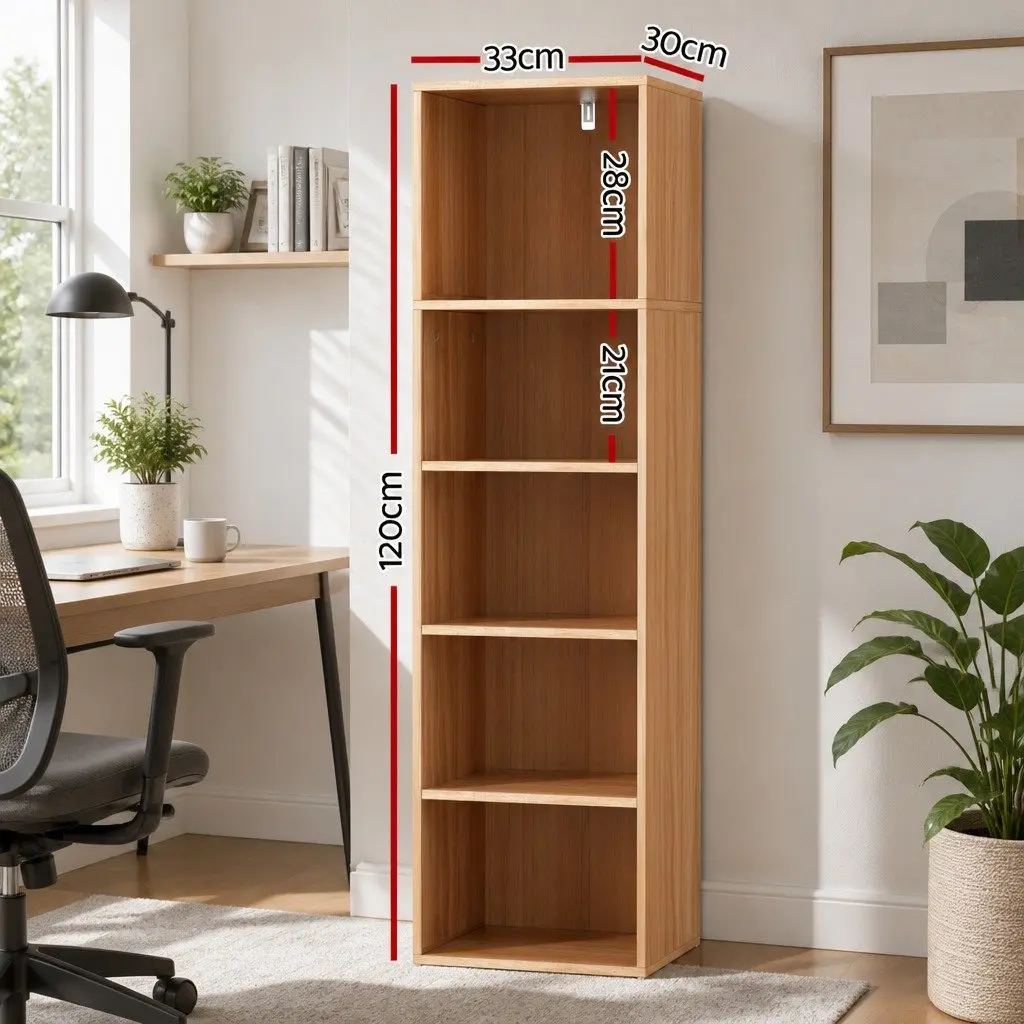 5-Tier Bookshelf Pine Storage Display Shelves Adjustable Removable Home Office Living Room Organizer
