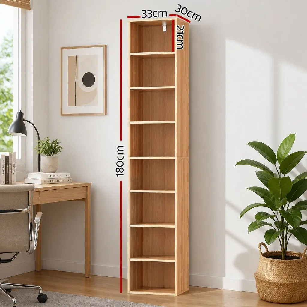 8-Tier Bookshelf Storage Shelving Unit Pine 33cm W x 30cm D x 180cm H Particle Board Melamine