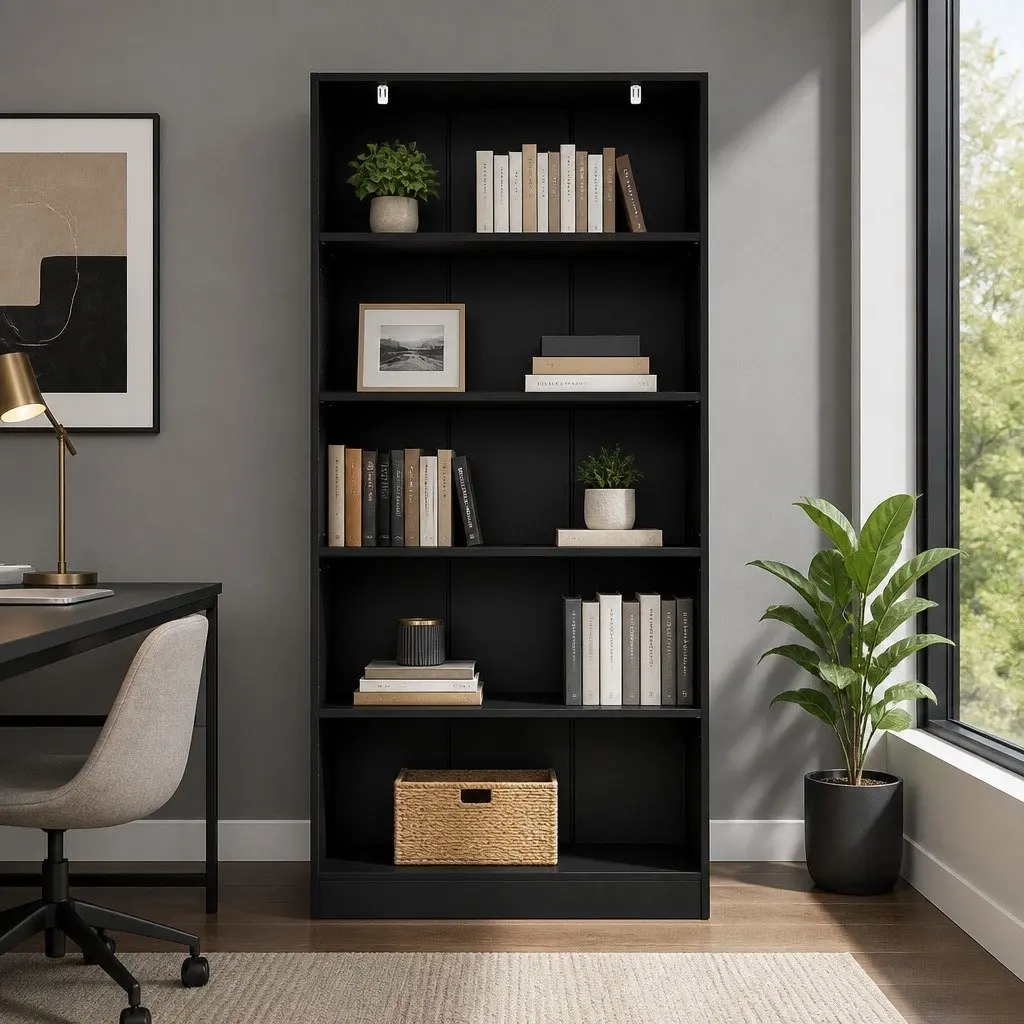 5-Tier Black Bookshelf for Living Room Organization