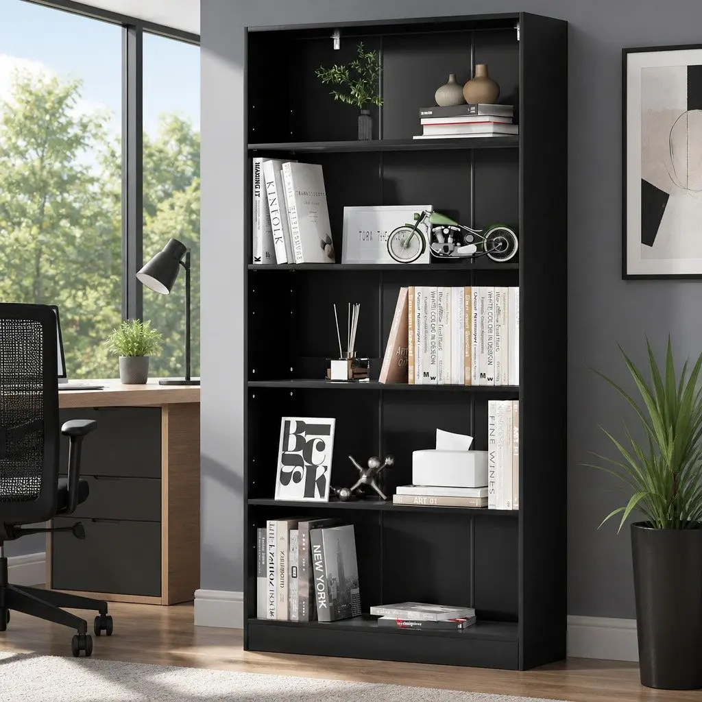 5-Tier Black Bookshelf for Living Room Organization