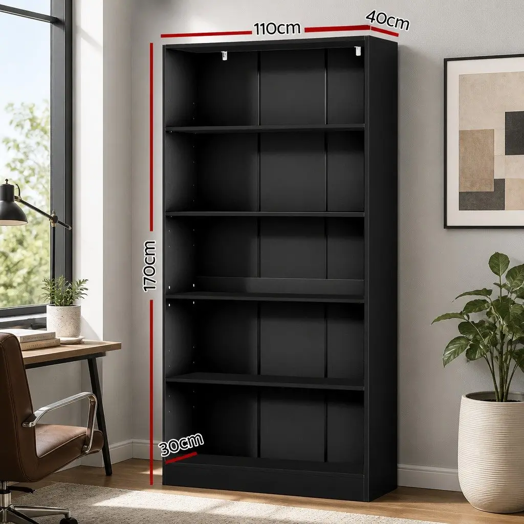 5-Tier Black Bookshelf for Living Room Organization